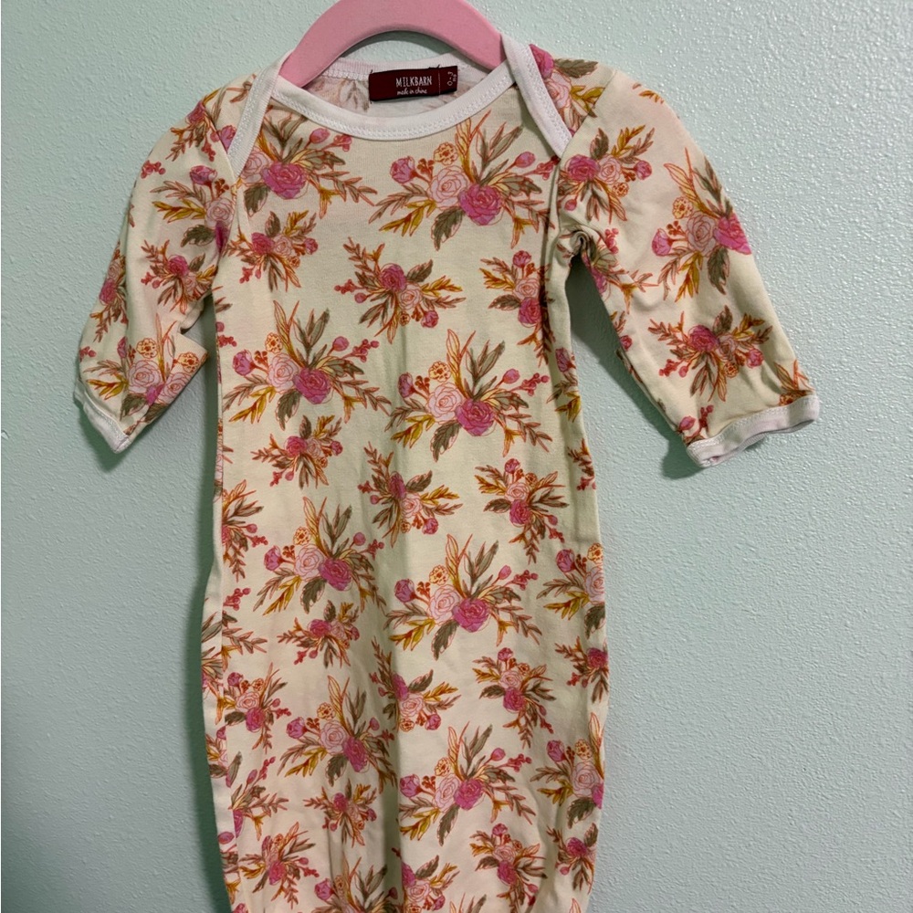 Milkbarn Cream Floral Newborn Gown with Pink Roses